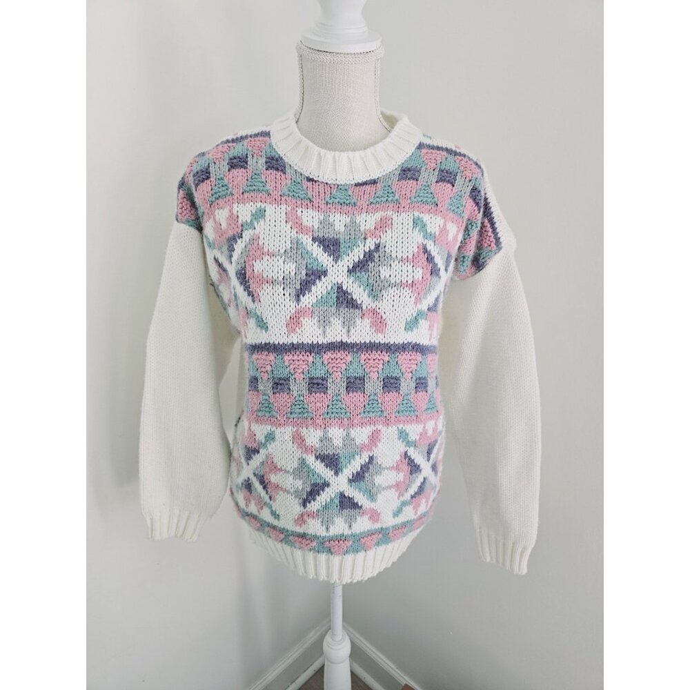 Gina Peters Fair Isle Vintage Crew Pullover Knit 80s 90s Geometric Sweater L